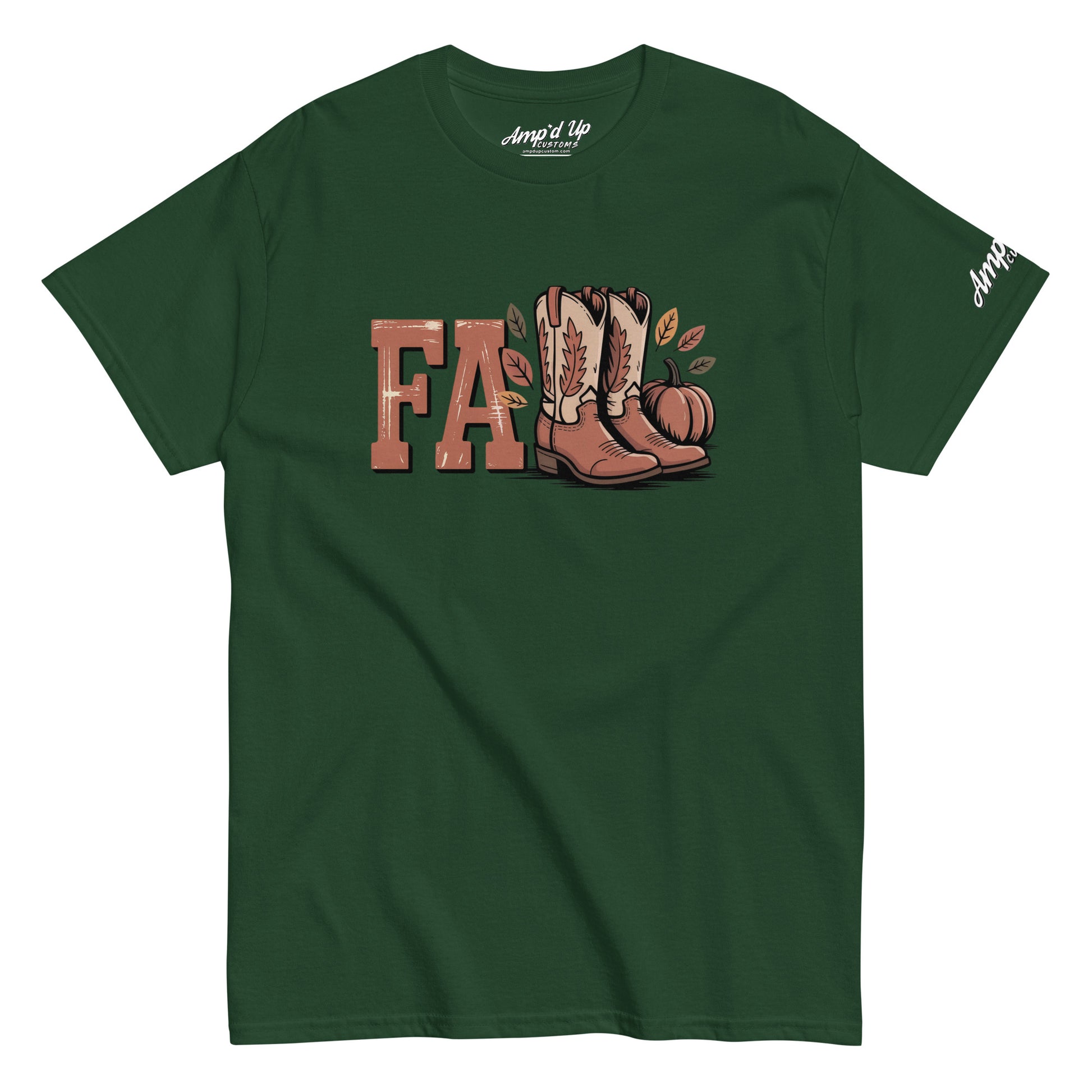 Green Amp'd Up Custom Southern Fall T-Shirt with boots and pumpkin graphic on front