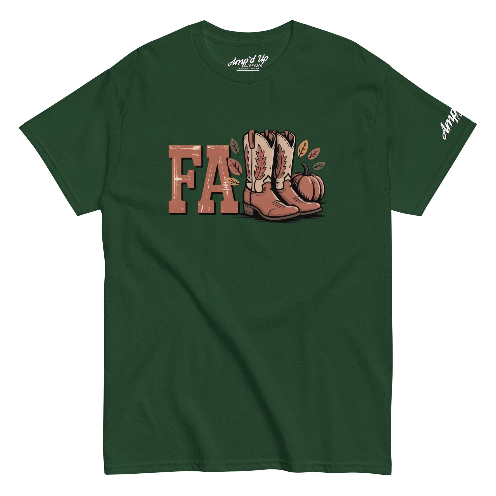 Green Amp'd Up Custom Southern Fall T-Shirt with boots and pumpkin graphic on front