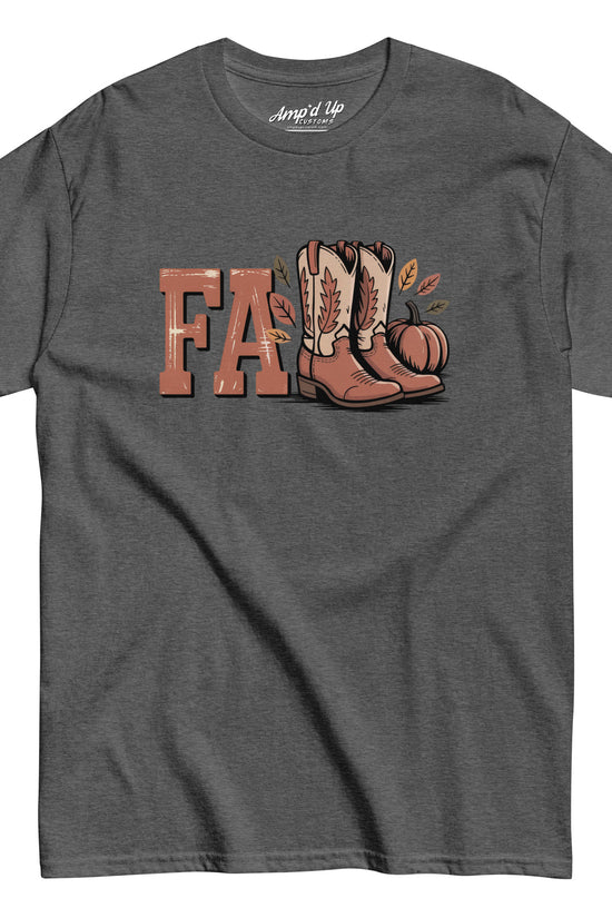Amp'd Up Custom Southern Fall T-Shirt with fall boots pumpkin and leaf design on charcoal gray