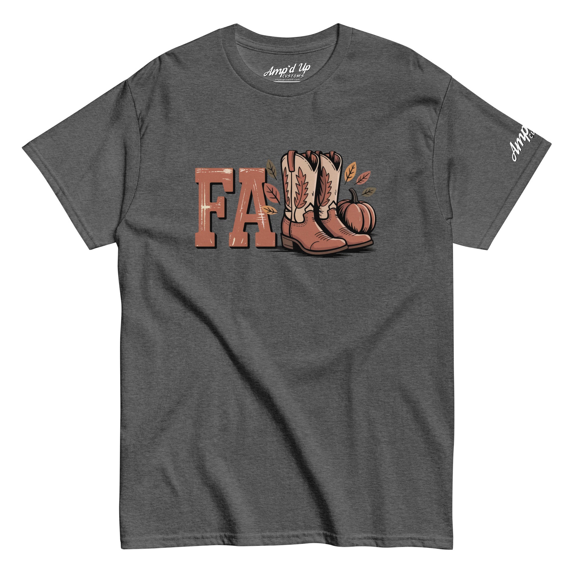 Amp'd Up Custom Southern Fall T-Shirt with fall boots pumpkin and leaf design on charcoal gray