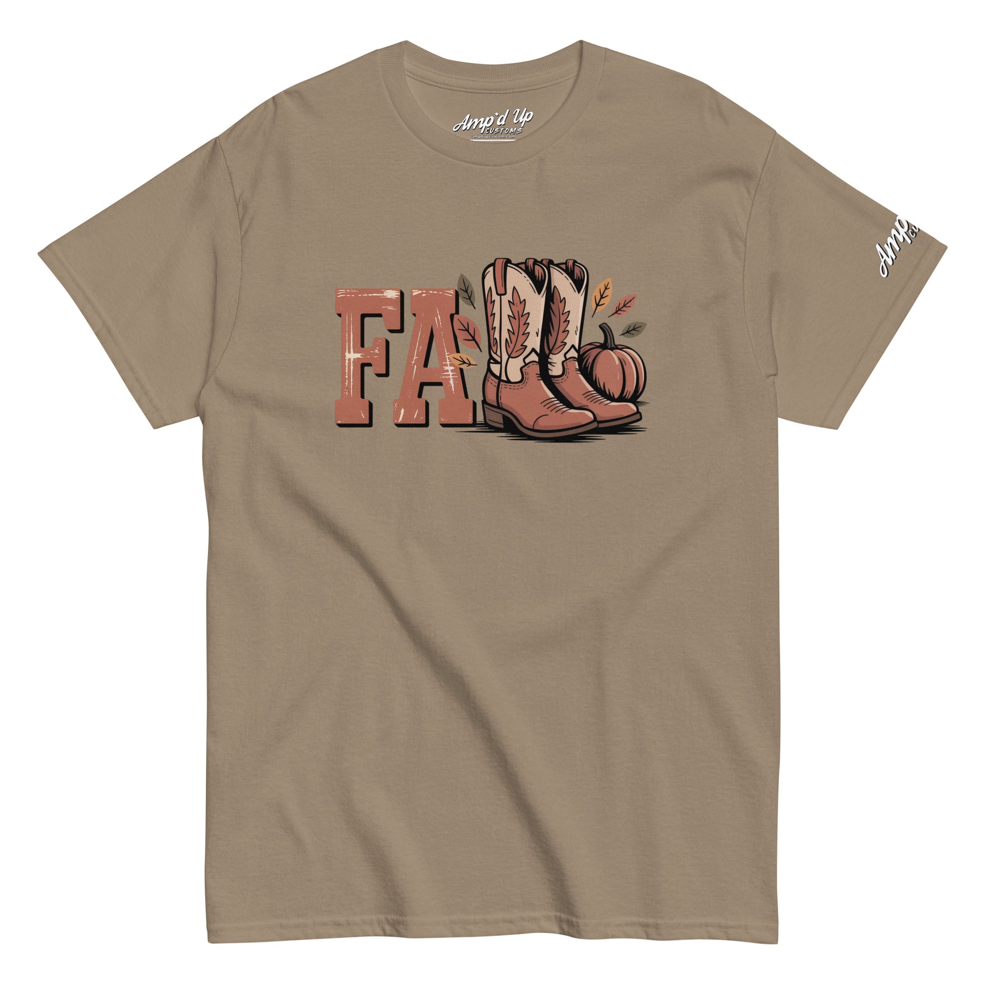Southern Fall T-Shirt by Amp'd Up Custom featuring fall boots, pumpkin, and leaves design on tan fabric