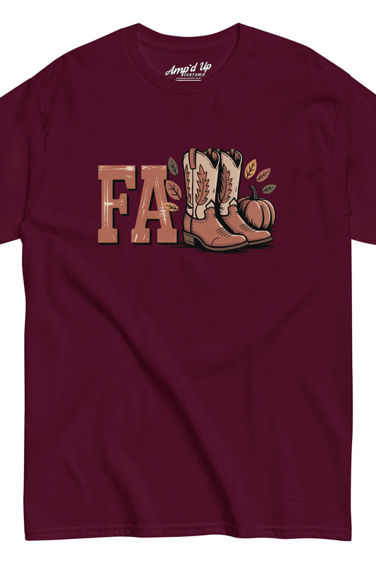Amp'd Up Custom Southern Fall T-Shirt in maroon with cowboy boots and pumpkin graphic