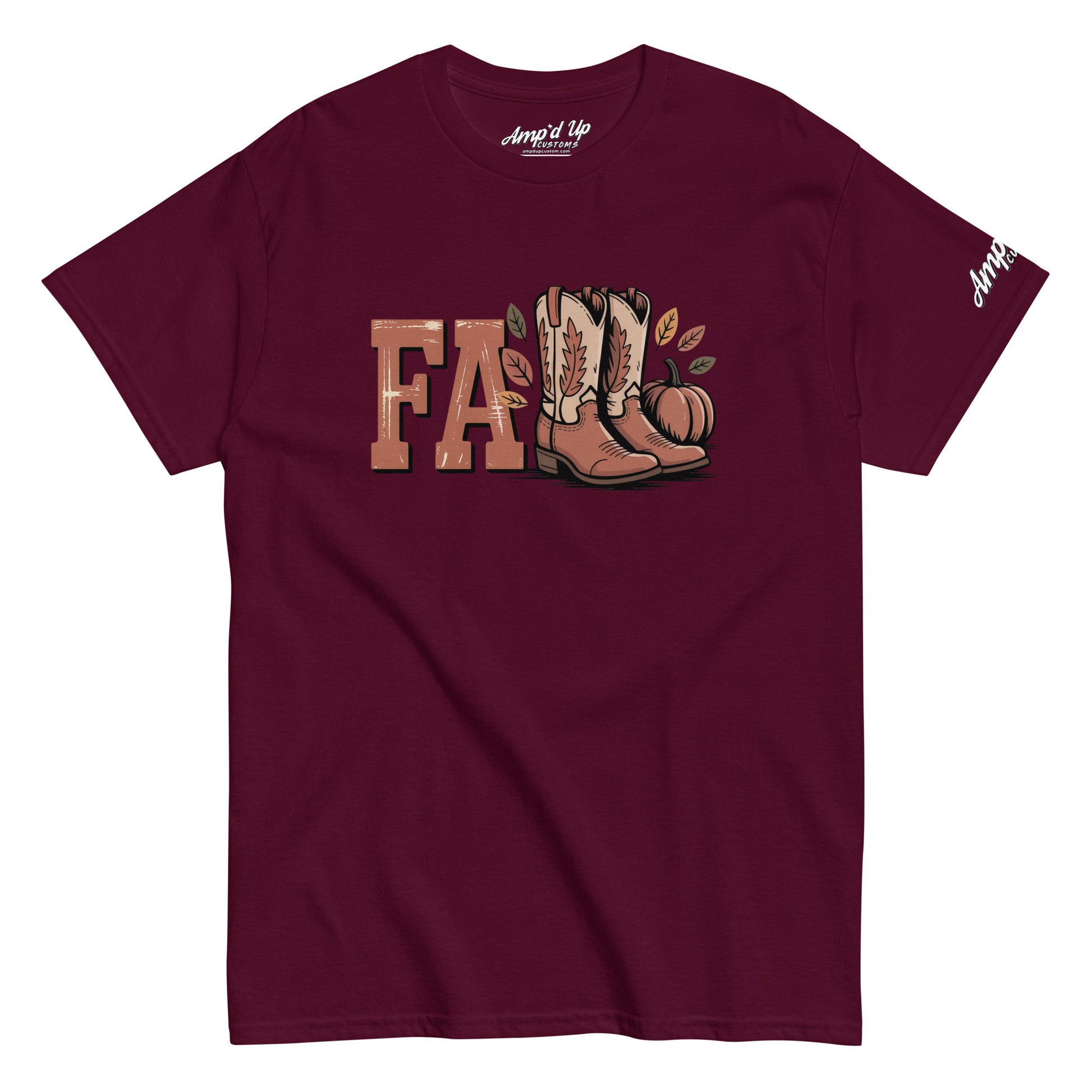 Amp'd Up Custom Southern Fall T-Shirt in maroon with cowboy boots and pumpkin graphic