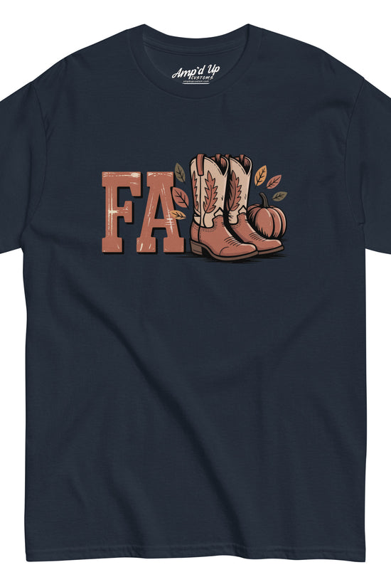 Navy Southern Fall T-Shirt with cowboy boots and pumpkin design by Amp'd Up Custom