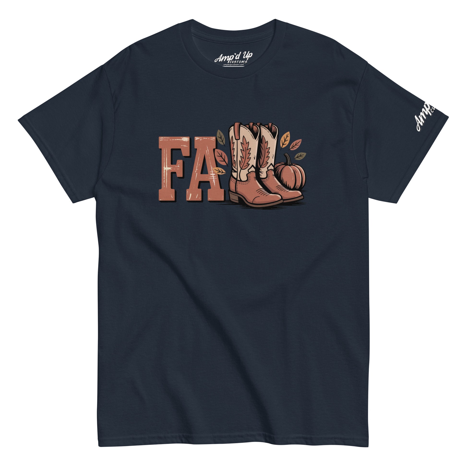 Navy Southern Fall T-Shirt with cowboy boots and pumpkin design by Amp'd Up Custom