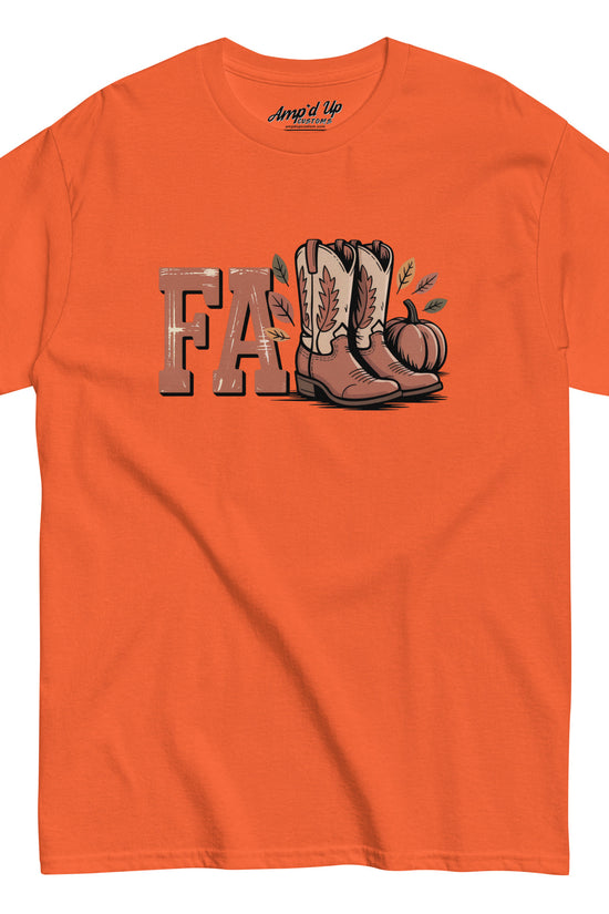 Orange Southern Fall T-Shirt by Amp'd Up Custom with cowboy boots pumpkin and leaves design