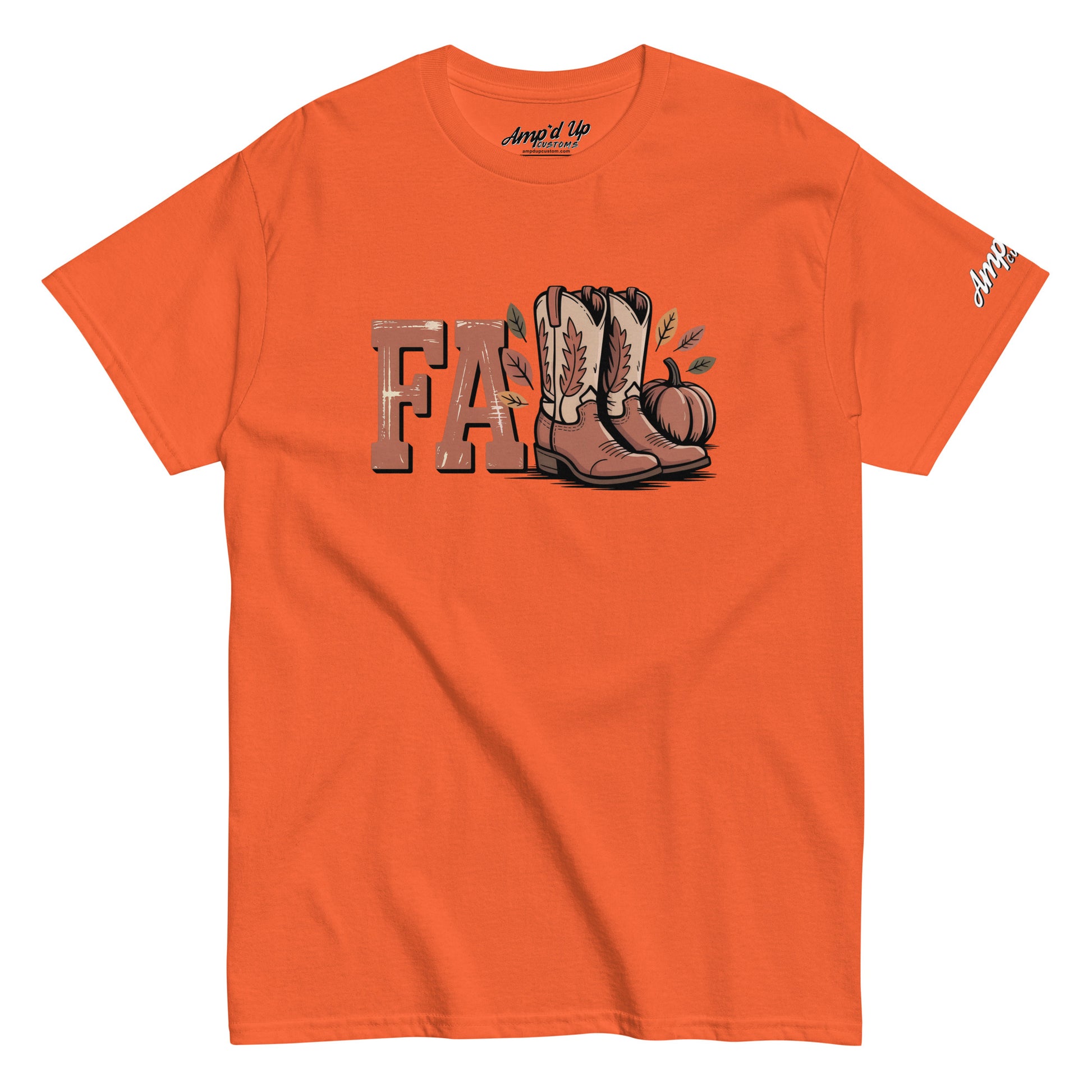 Orange Southern Fall T-Shirt by Amp'd Up Custom with cowboy boots pumpkin and leaves design