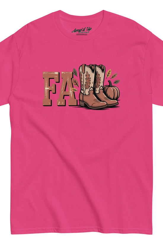 Pink Southern Fall T-Shirt by Amp'd Up Custom featuring cowboy boots pumpkin and fall design