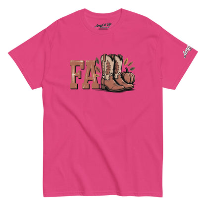 Pink Southern Fall T-Shirt by Amp'd Up Custom featuring cowboy boots pumpkin and fall design