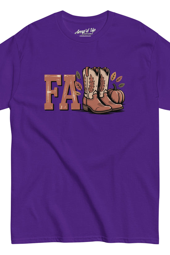 Purple Southern Fall T-Shirt with FA letters and cowboy boots graphic by Amp'd Up Custom