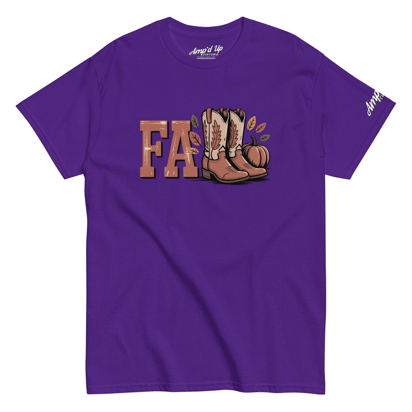 Purple Southern Fall T-Shirt with FA letters and cowboy boots graphic by Amp'd Up Custom