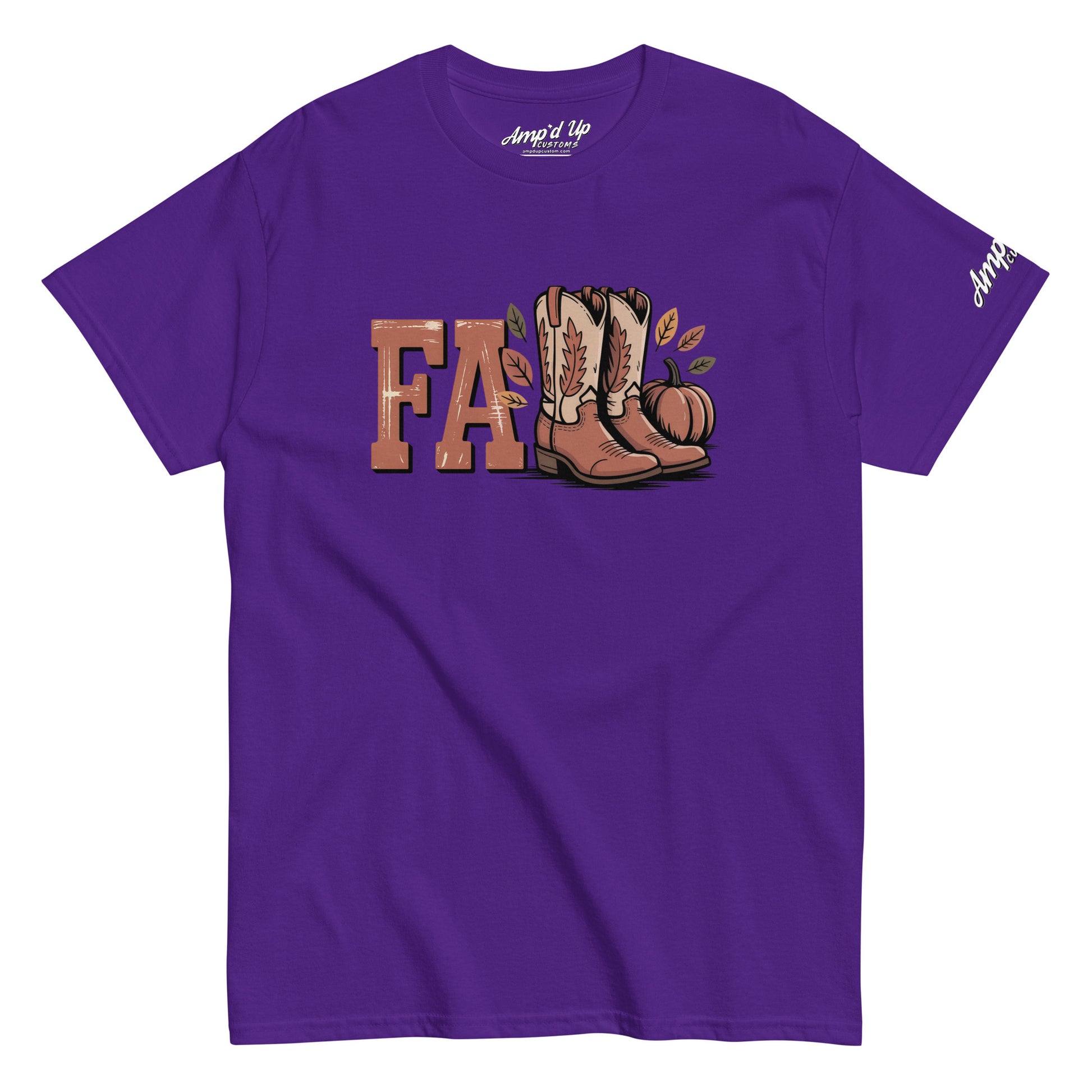 Purple Southern Fall T-Shirt with FA letters and cowboy boots graphic by Amp'd Up Custom