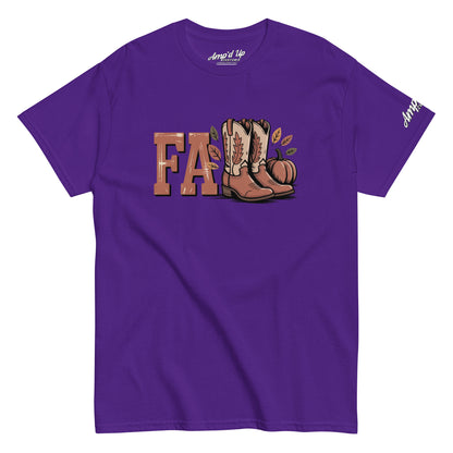 Purple Southern Fall T-Shirt with FA letters and cowboy boots graphic by Amp'd Up Custom