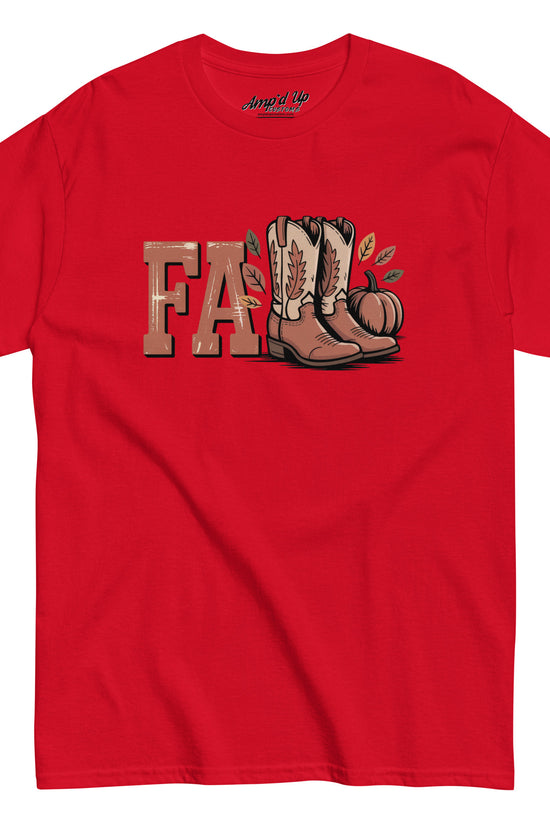 Red Southern Fall T-Shirt by Amp'd Up Custom with fall boots and pumpkin graphic design