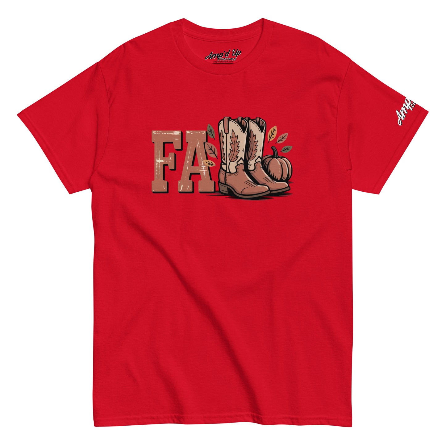Red Southern Fall T-Shirt by Amp'd Up Custom with fall boots and pumpkin graphic design