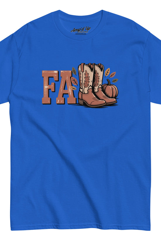 Blue Southern Fall T-Shirt with cowboy boots pumpkin and fall leaves graphic by Amp'd Up Custom
