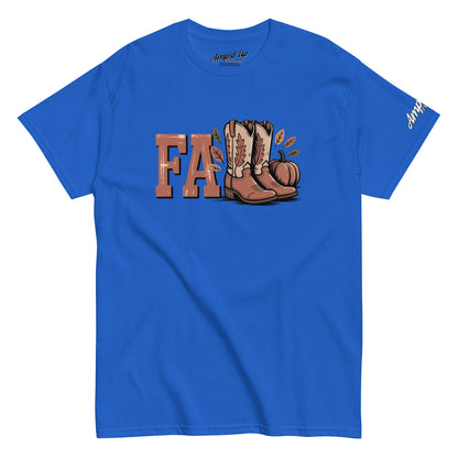 Blue Southern Fall T-Shirt with cowboy boots pumpkin and fall leaves graphic by Amp'd Up Custom