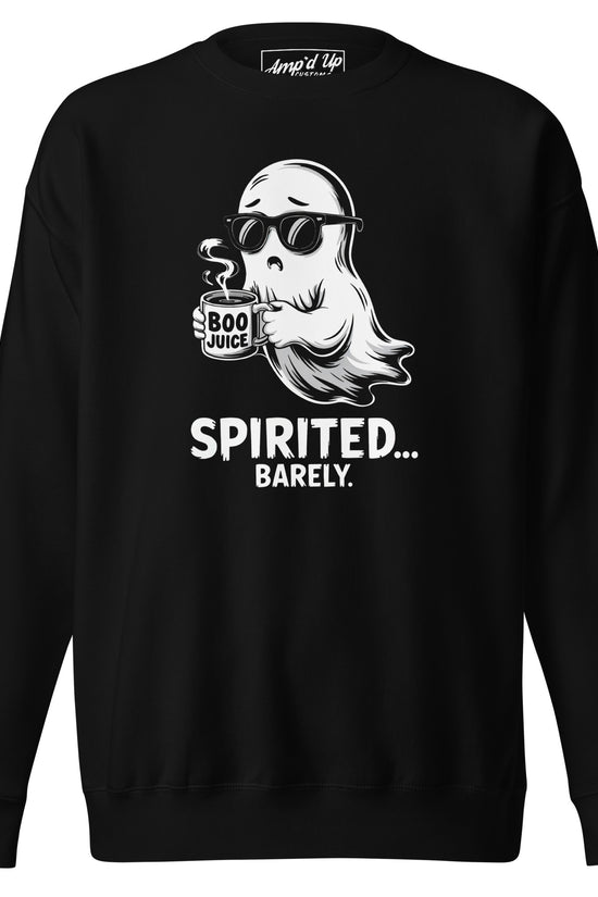 Black Spirited Barely Sweatshirt by Amp'd Up Custom featuring a ghost with sunglasses holding a Boo Juice mug