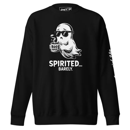 Black Spirited Barely Sweatshirt by Amp'd Up Custom featuring a ghost with sunglasses holding a Boo Juice mug