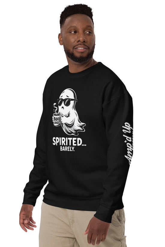 Man wearing black Spirited Barely Sweatshirt by Amp'd Up Custom with ghost graphic holding a mug