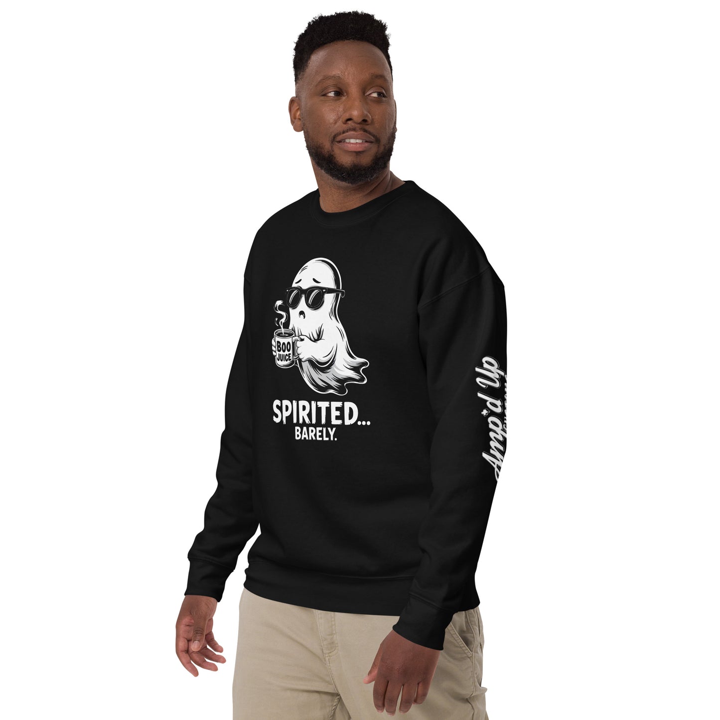 Man wearing black Spirited Barely Sweatshirt by Amp'd Up Custom with ghost graphic holding a mug