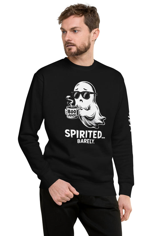 Man wearing black Spirited Barely Sweatshirt with ghost holding boo juice cup graphic