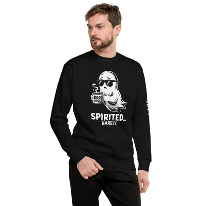 Man wearing black Spirited Barely Sweatshirt with ghost holding boo juice cup graphic
