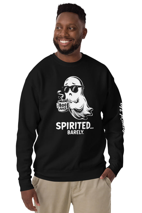 Black Spirited Barely Sweatshirt by Amp'd Up Custom featuring a ghost holding a Boo Juice mug