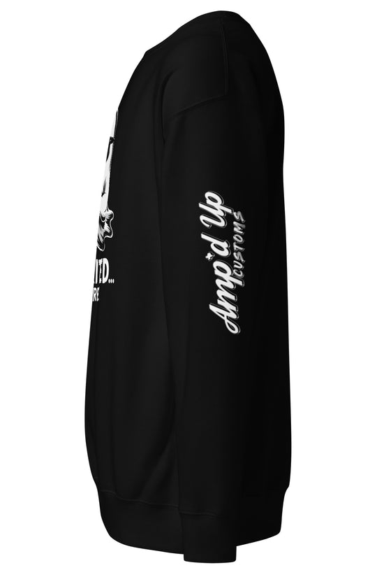 Black Spirited Barely Sweatshirt by Amp'd Up Custom with white logo print on sleeve side view