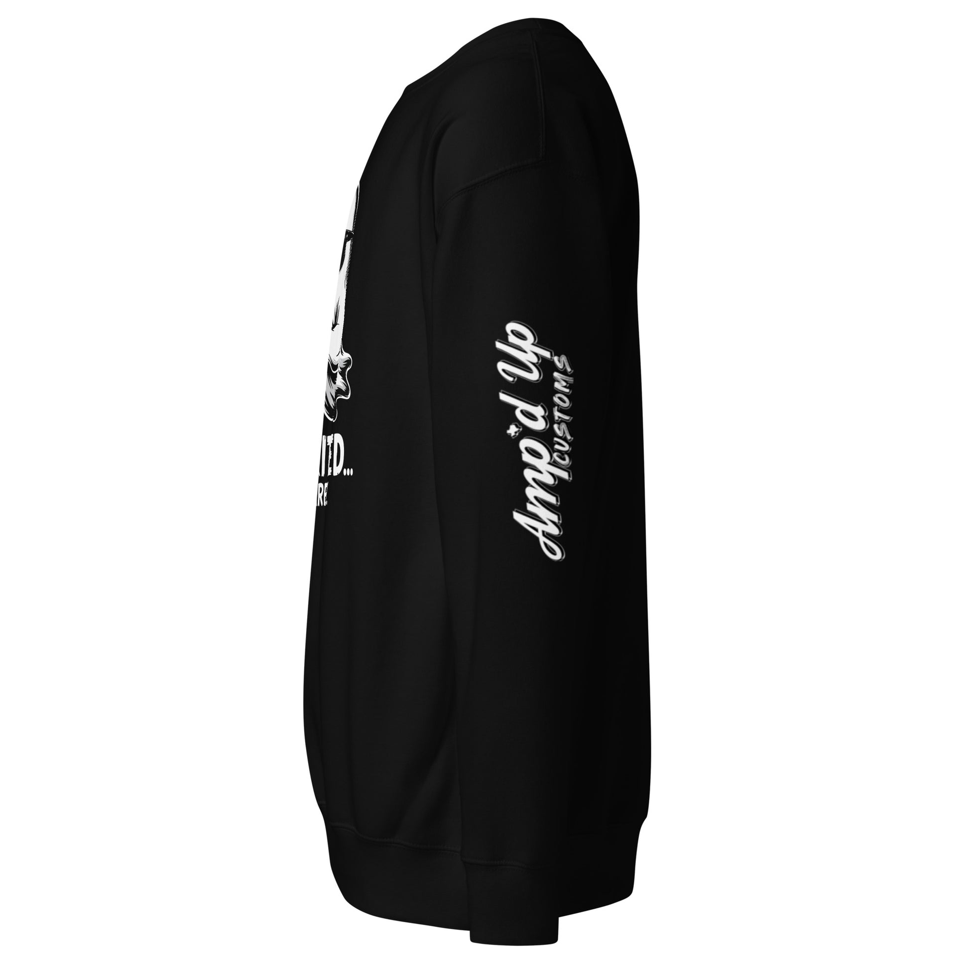 Black Spirited Barely Sweatshirt by Amp'd Up Custom with white logo print on sleeve side view