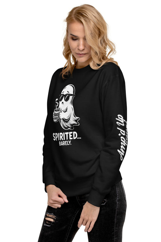 Woman wearing black Spirited Barely Sweatshirt with ghost graphic and amp'd up logo on sleeve