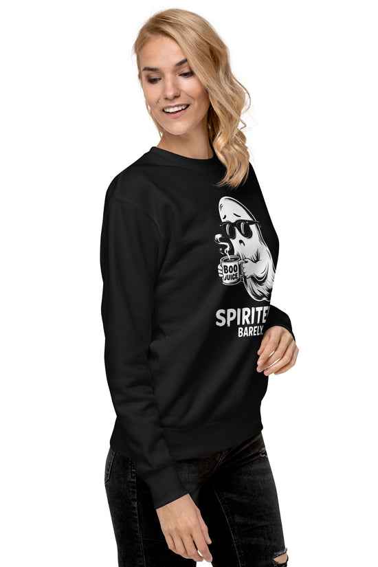 Woman wearing black Spirited Barely Sweatshirt by Amp'd Up Custom with ghost graphic and casual fit