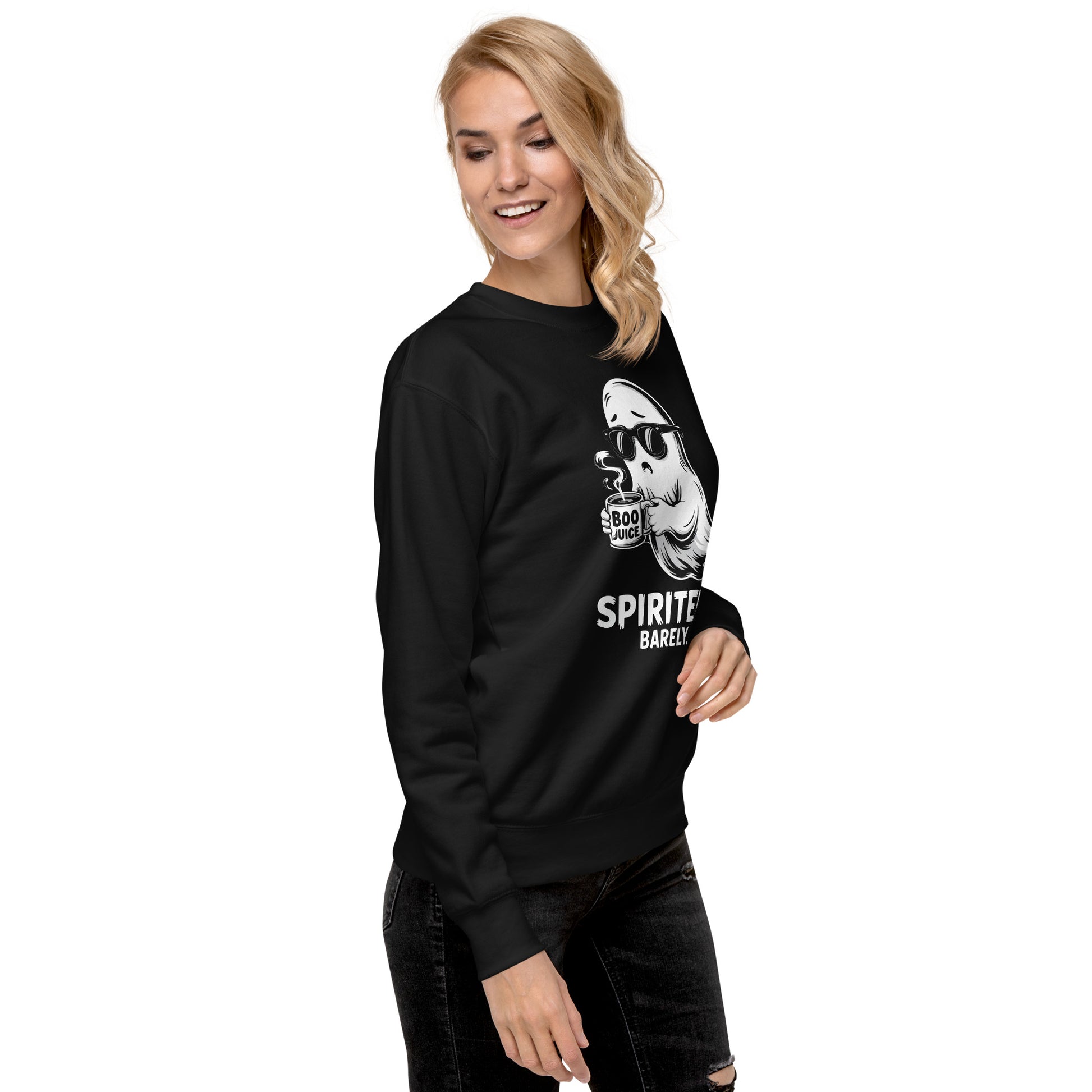 Woman wearing black Spirited Barely Sweatshirt by Amp'd Up Custom with ghost graphic and casual fit
