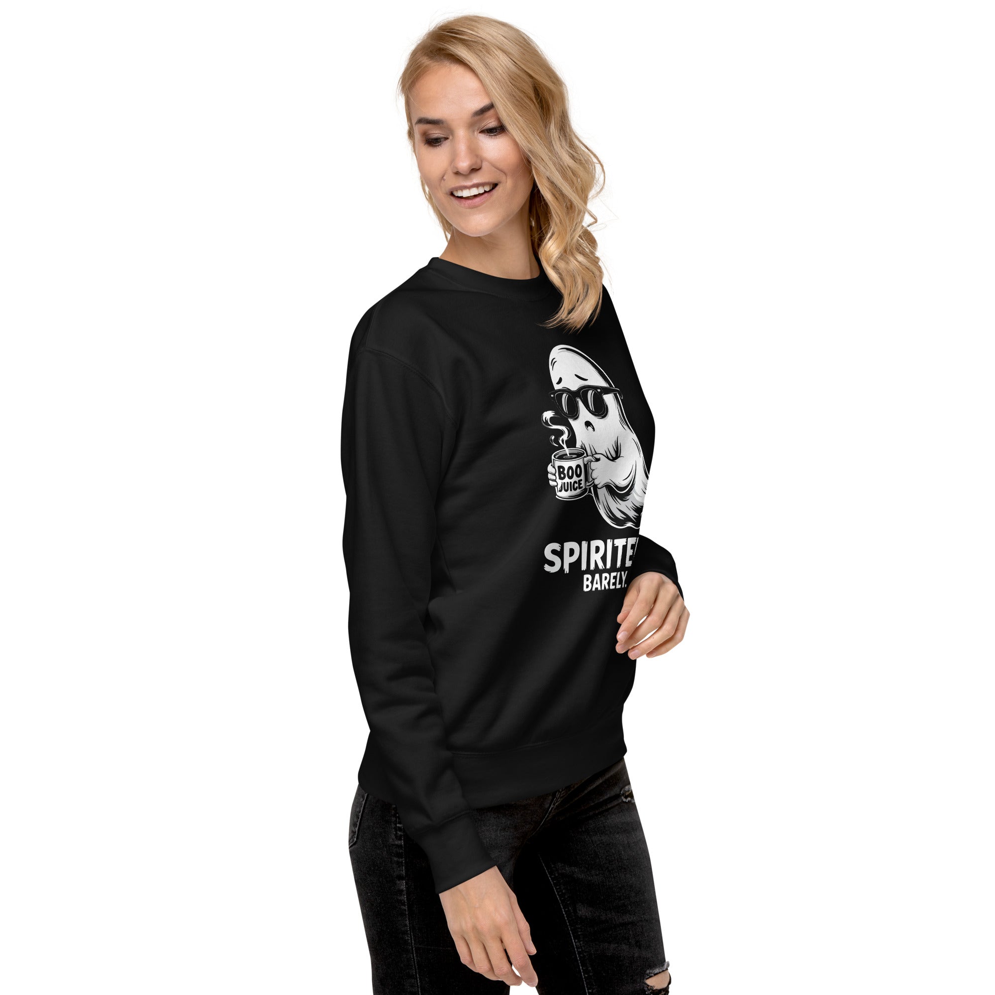 Woman wearing black Spirited Barely Sweatshirt by Amp'd Up Custom with ghost graphic and casual fit