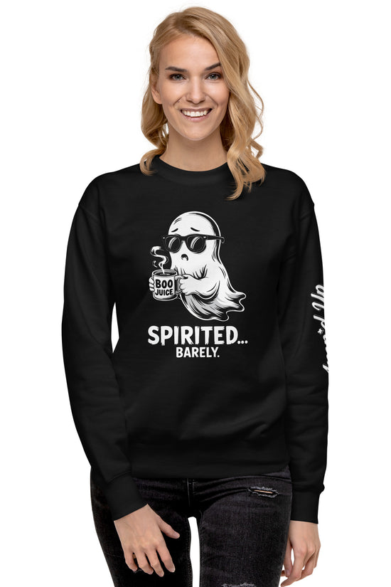 Amp'd Up Custom Spirited Barely Sweatshirt black with cool ghost graphic holding Boo Juice mug