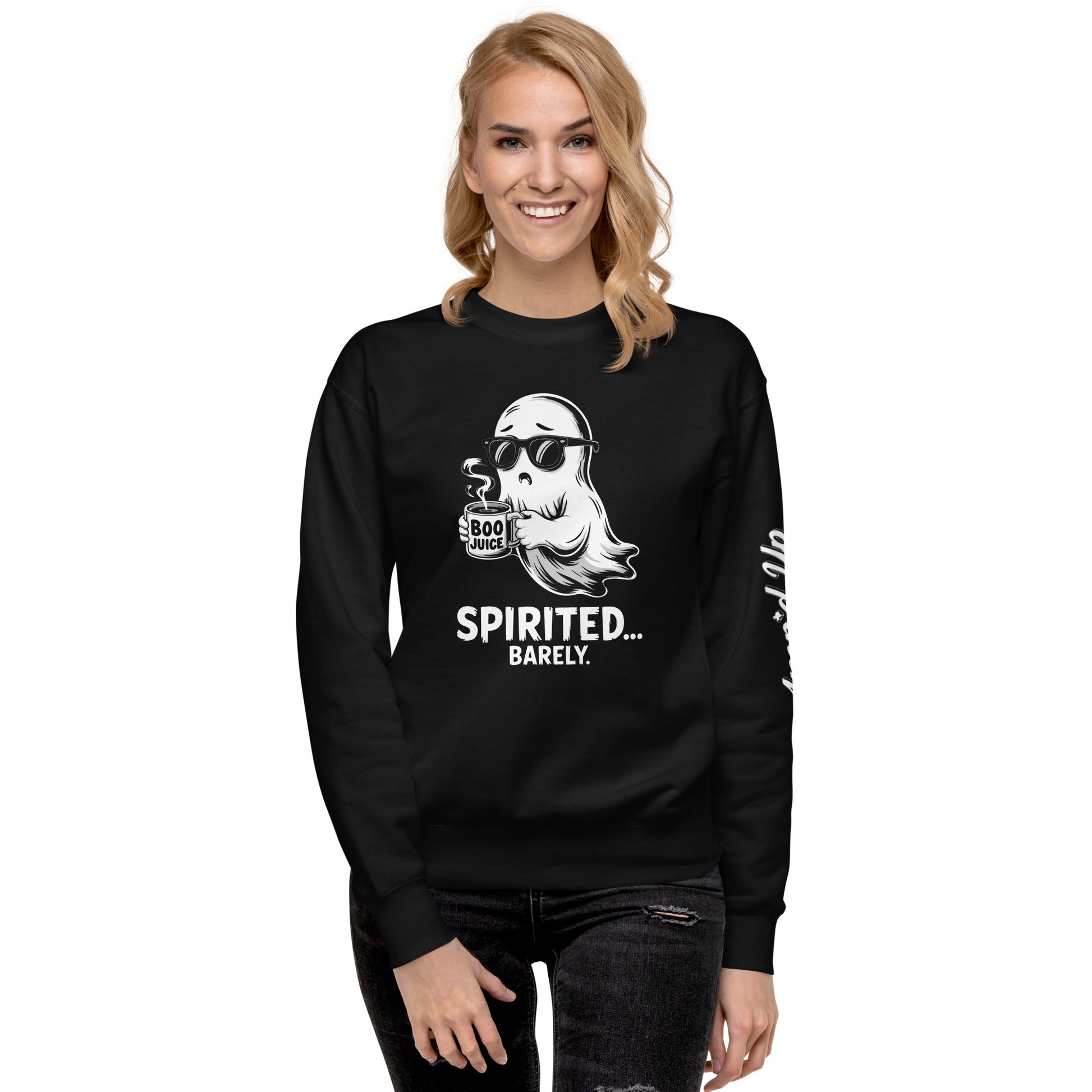 Amp'd Up Custom Spirited Barely Sweatshirt black with cool ghost graphic holding Boo Juice mug
