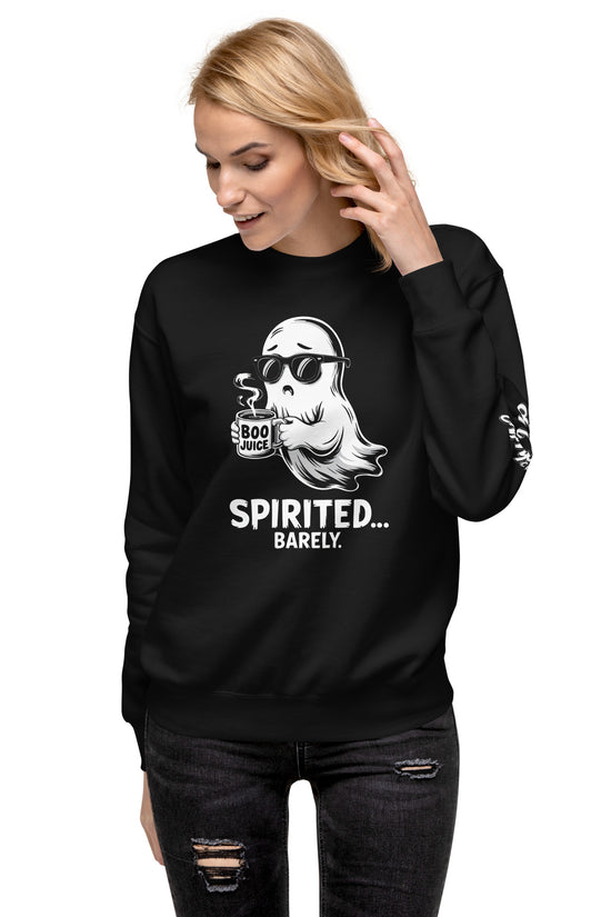 Amp'd Up Custom black Spirited Barely Sweatshirt with a ghost drinking boo juice graphic worn by a blonde woman