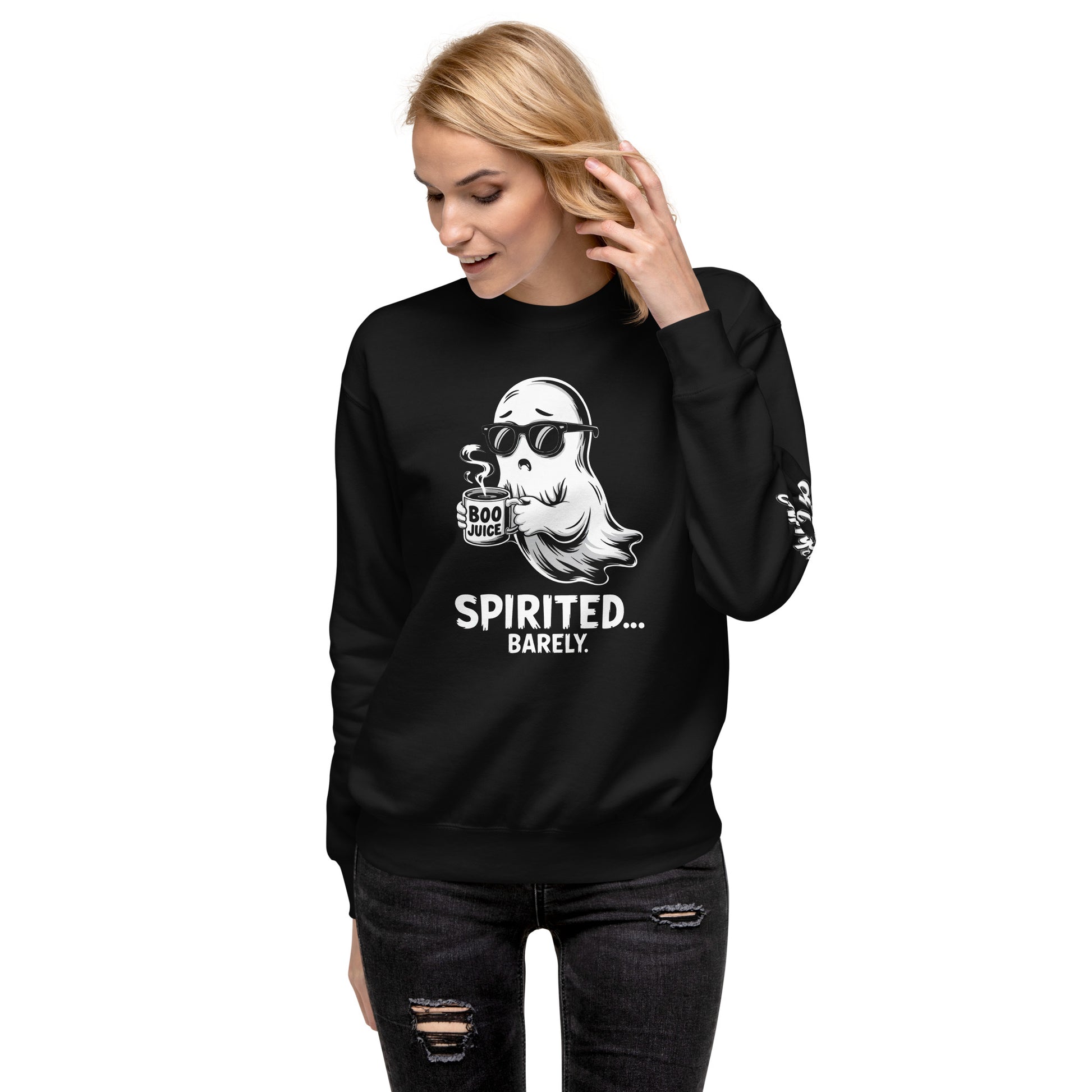 Amp'd Up Custom black Spirited Barely Sweatshirt with a ghost drinking boo juice graphic worn by a blonde woman