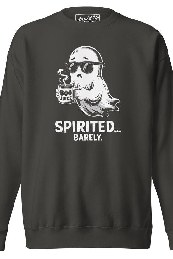 Amp'd Up Custom Spirited Barely Sweatshirt in black with ghost holding Boo Juice mug graphic
