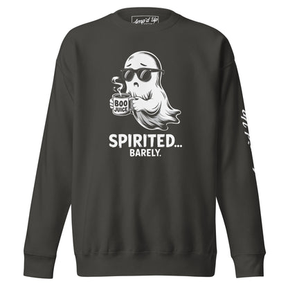 Amp'd Up Custom Spirited Barely Sweatshirt in black with ghost holding Boo Juice mug graphic