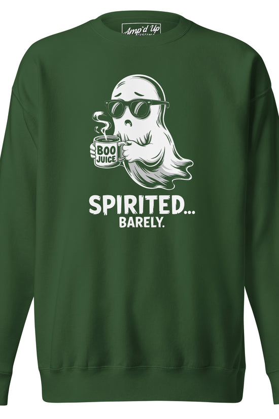 Amp'd Up Custom Spirited Barely Sweatshirt in green with ghost holding Boo Juice cup graphic