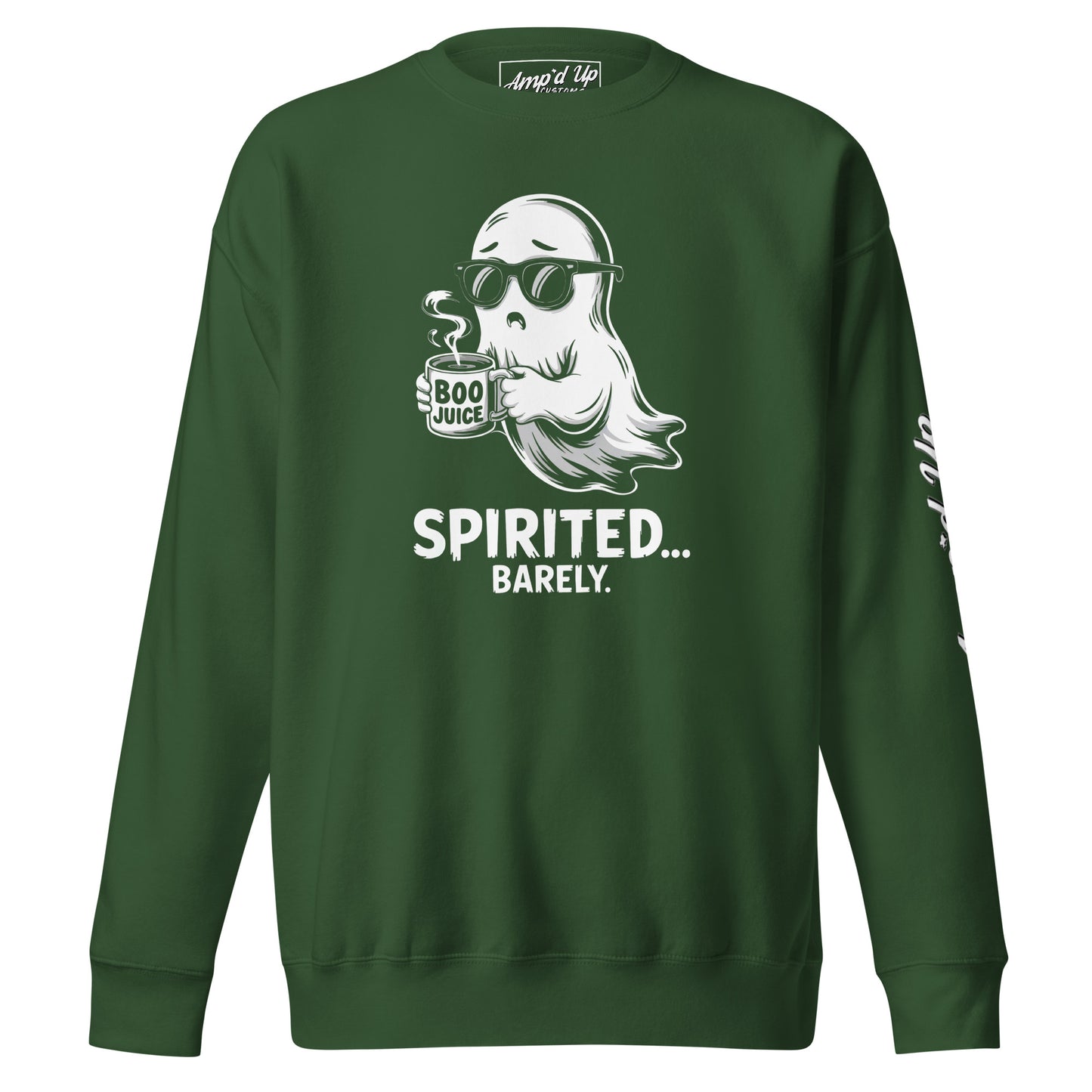 Amp'd Up Custom Spirited Barely Sweatshirt in green with ghost holding Boo Juice cup graphic