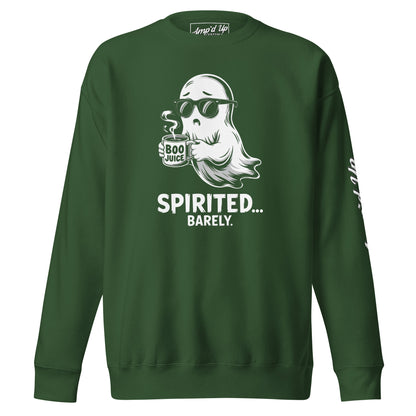 Amp'd Up Custom Spirited Barely Sweatshirt in green with ghost holding Boo Juice cup graphic