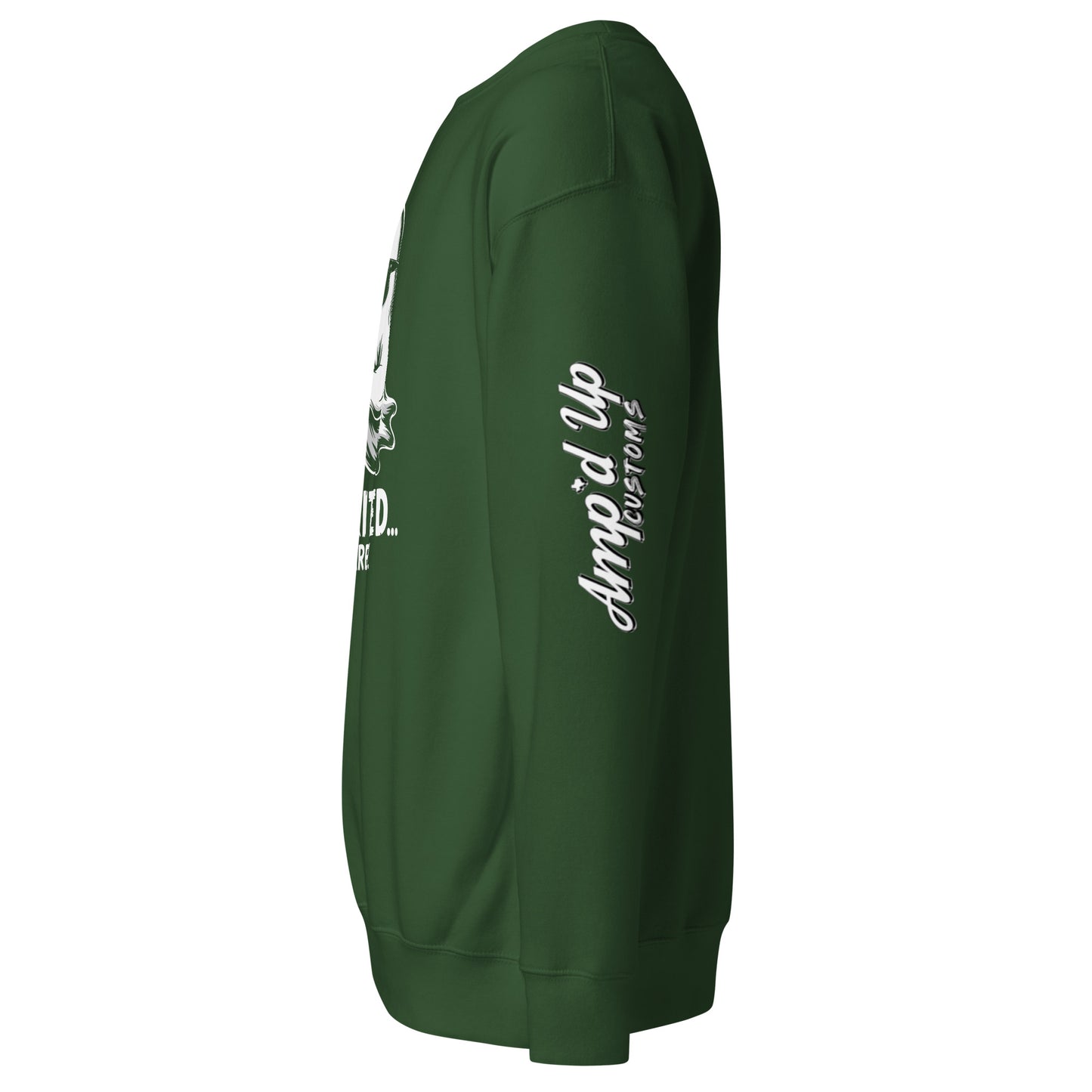 Green Spirited Barely Sweatshirt by Amp'd Up Custom with white logo on sleeve side view