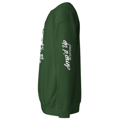 Green Spirited Barely Sweatshirt by Amp'd Up Custom with white logo on sleeve side view