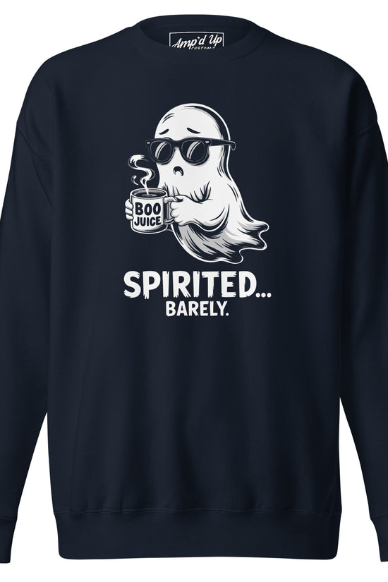 Amp'd Up Custom Spirited Barely Sweatshirt in black with ghost holding Boo Juice cup graphic