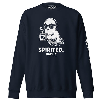 Amp'd Up Custom Spirited Barely Sweatshirt in black with ghost holding Boo Juice cup graphic