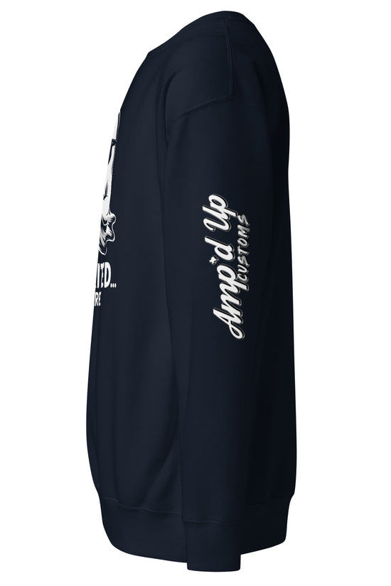 Side view of black Spirited Barely Sweatshirt by Amp'd Up Custom with white logo on sleeve