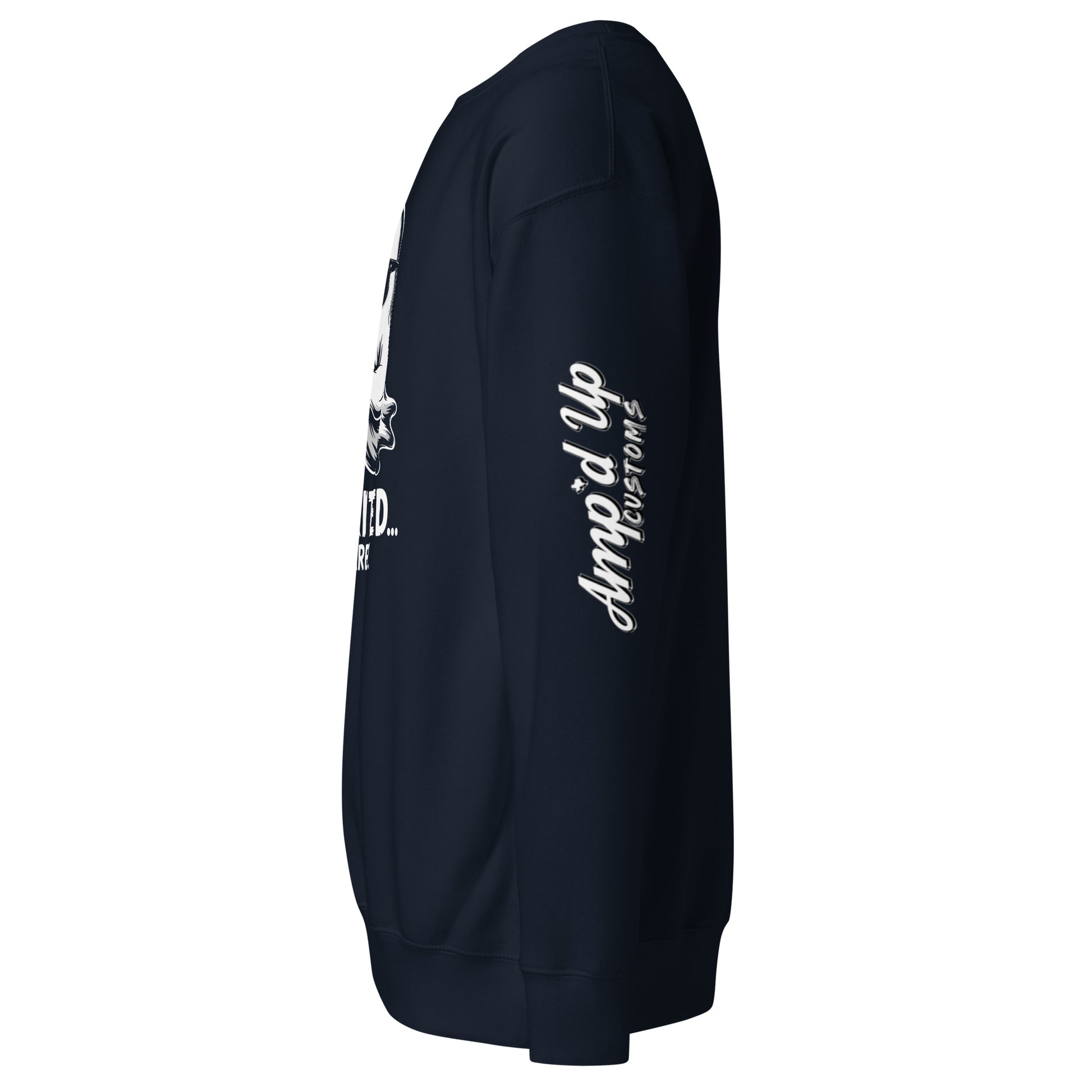 Side view of black Spirited Barely Sweatshirt by Amp'd Up Custom with white logo on sleeve