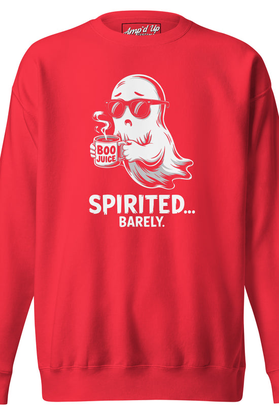 Amp'd Up Custom Spirited Barely Sweatshirt in red with ghost graphic holding boo juice mug and sunglasses